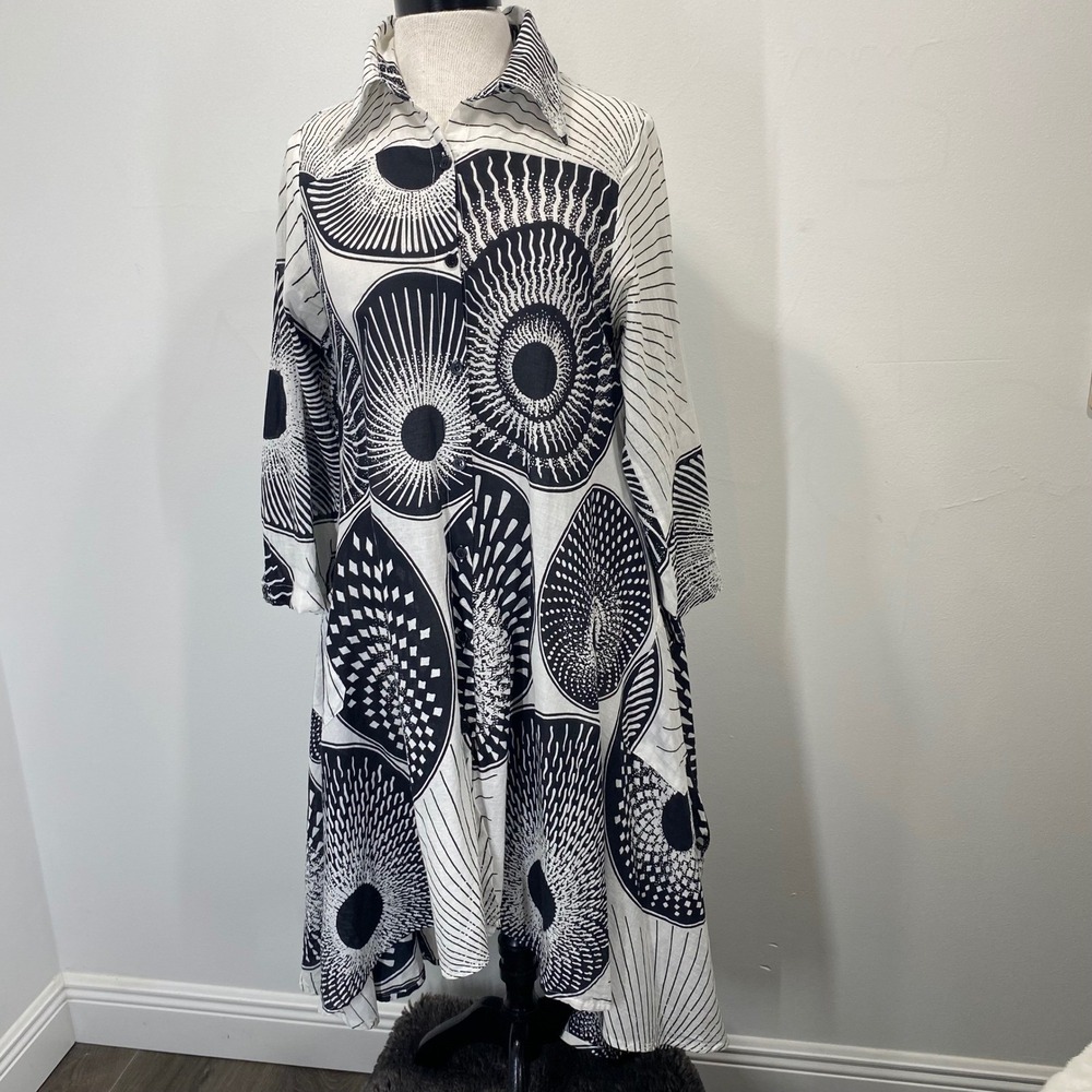 Step In Style Womens Black White Geo Sunburst Cotton Midi Hi Low Shirt‎ Dress Sm
